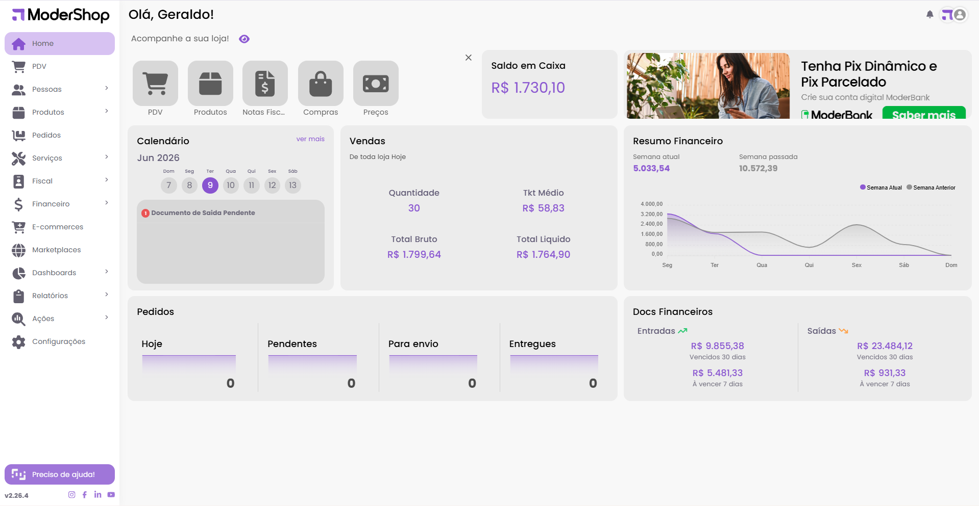 Dashboard do ModerShop para armações, lentes e ordem de serviço de ótica em Minas Gerais